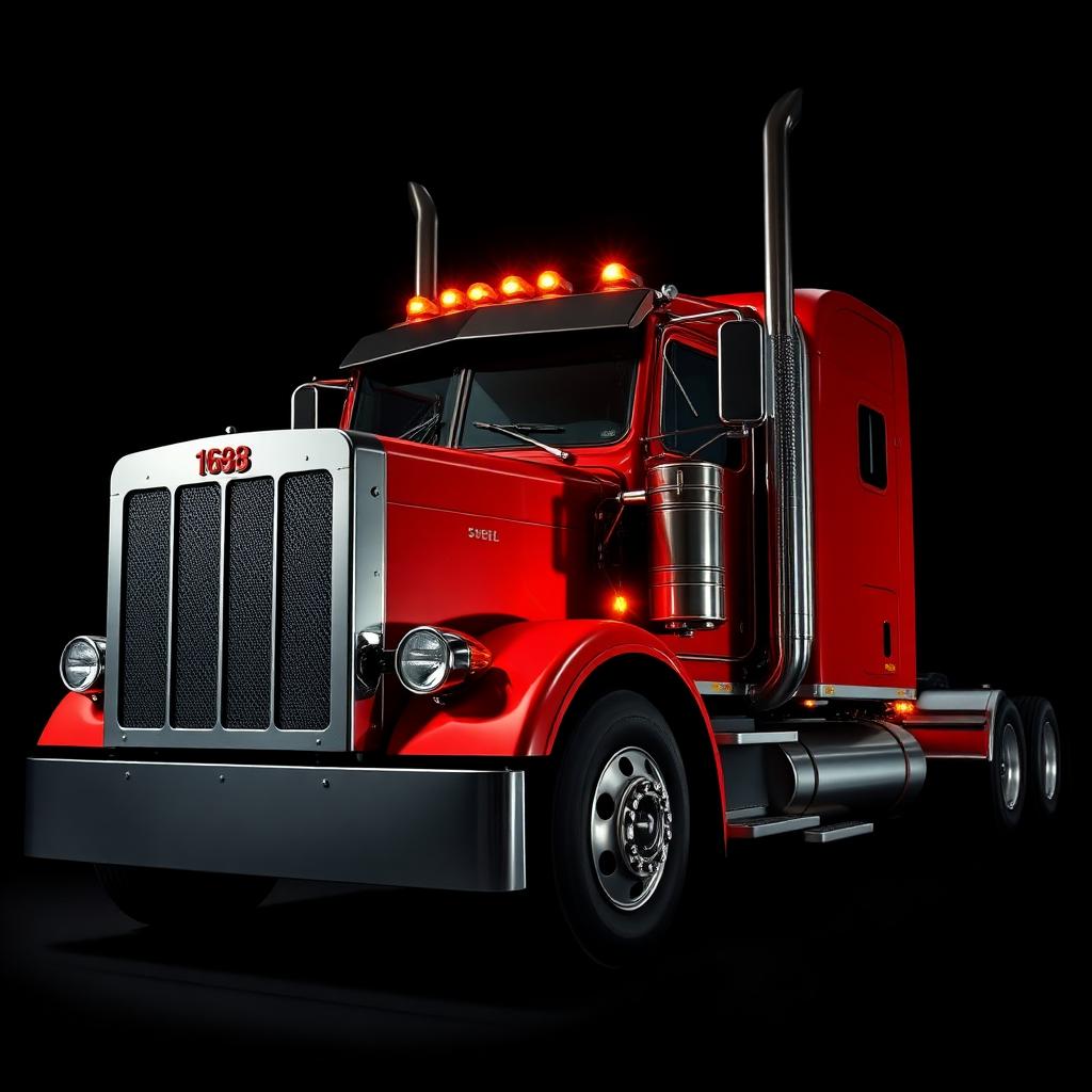Red Peterbilt Model 589 sleeper tractor lit against a black studio backdrop